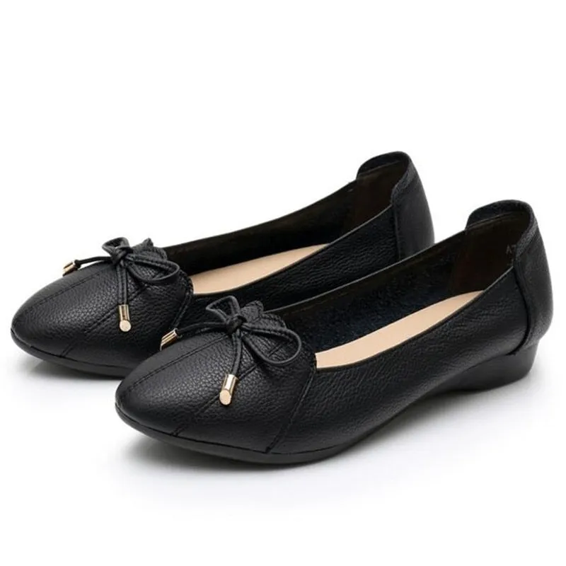 Women's Casual Genuine Leather Butterfly Knot Slip-On Flat Ballet Shoes