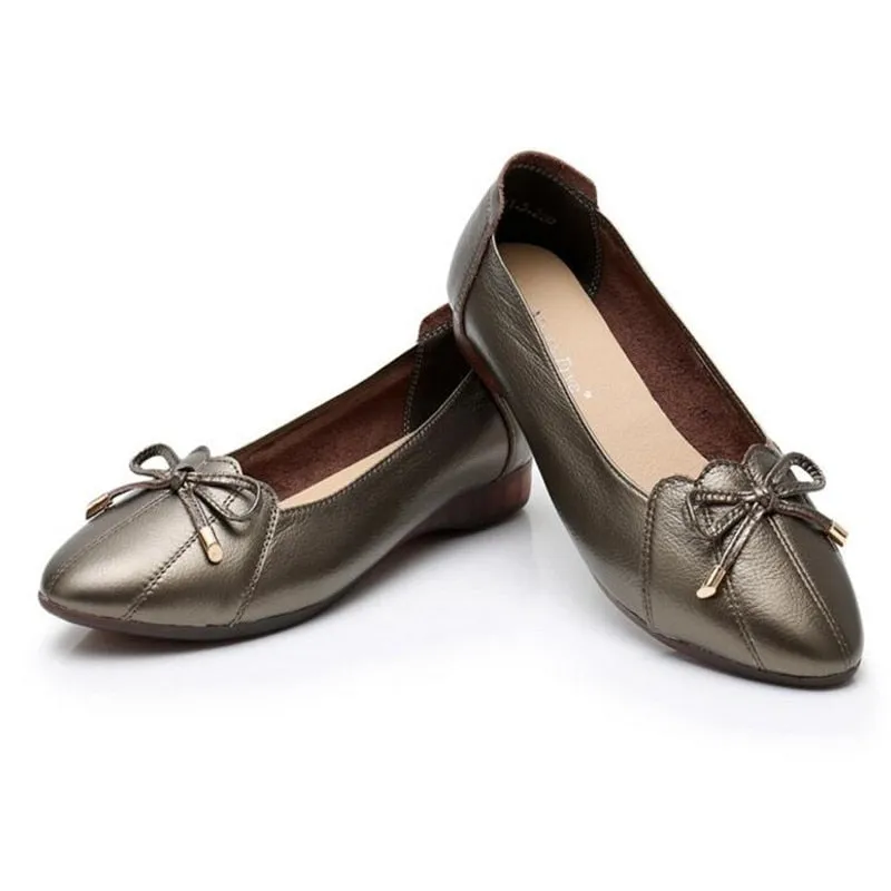 Women's Casual Genuine Leather Butterfly Knot Slip-On Flat Ballet Shoes