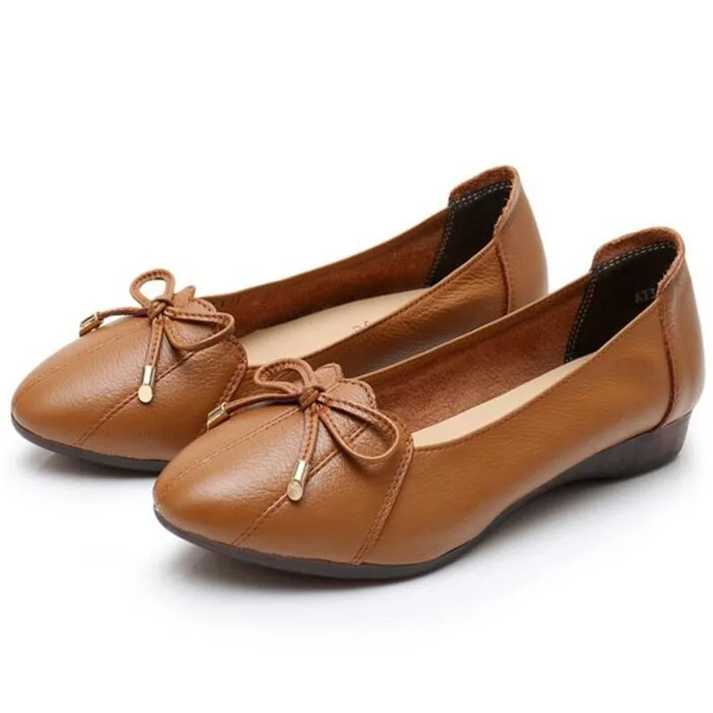 Women's Casual Genuine Leather Butterfly Knot Slip-On Flat Ballet Shoes