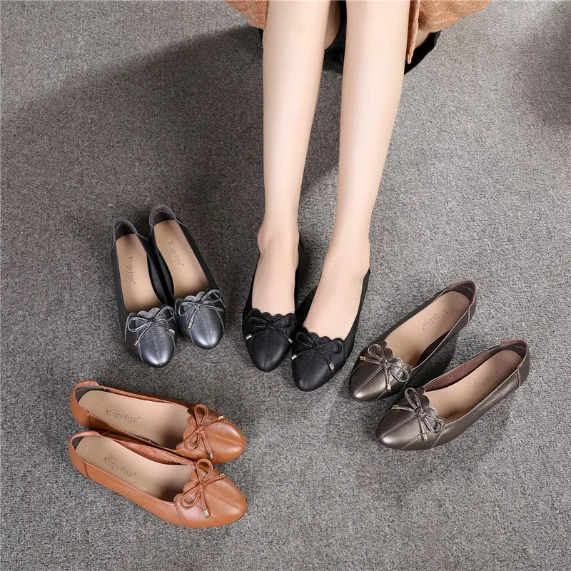 Women's Casual Genuine Leather Butterfly Knot Slip-On Flat Ballet Shoes