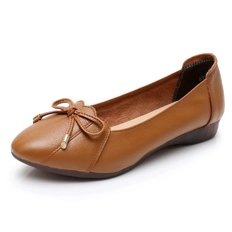 Women's Casual Genuine Leather Butterfly Knot Slip-On Flat Ballet Shoes