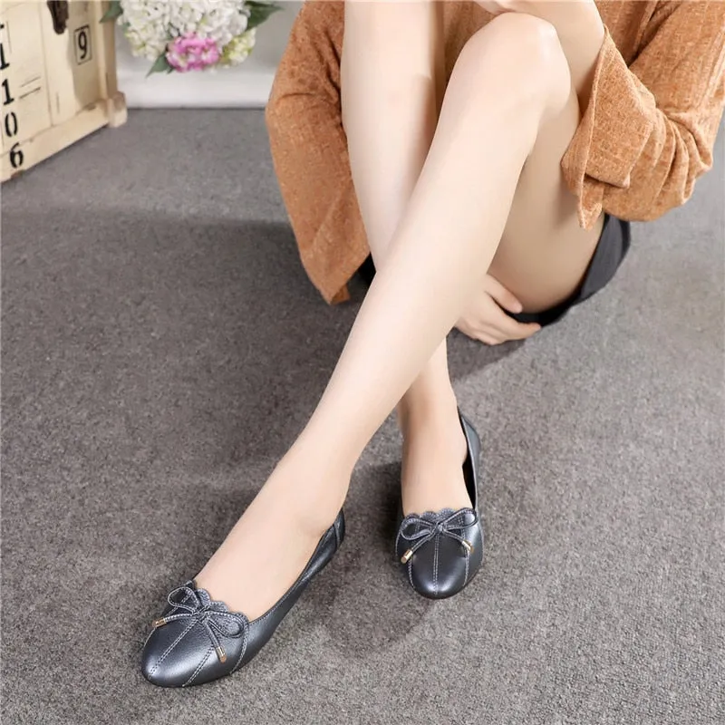 Women's Casual Genuine Leather Butterfly Knot Slip-On Flat Ballet Shoes